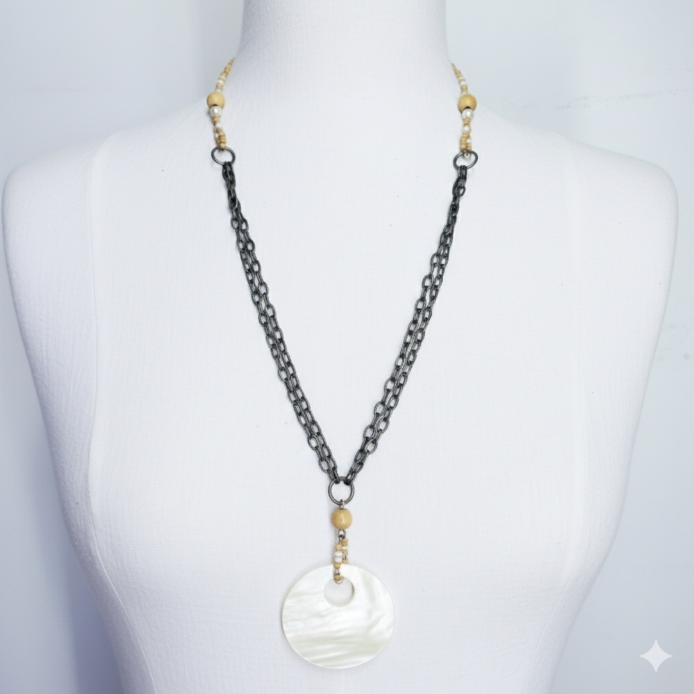 Seashell 26" Necklace Mother of Pearl Wood Steel Chain Lobster Boho Nature Beach
